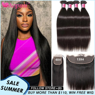 Aopusi Straight Hair Bundles With Frontal Human Hair Bundles With Frontal Brazilian Hair Weaving With 13X4 Lace Hair Extensions