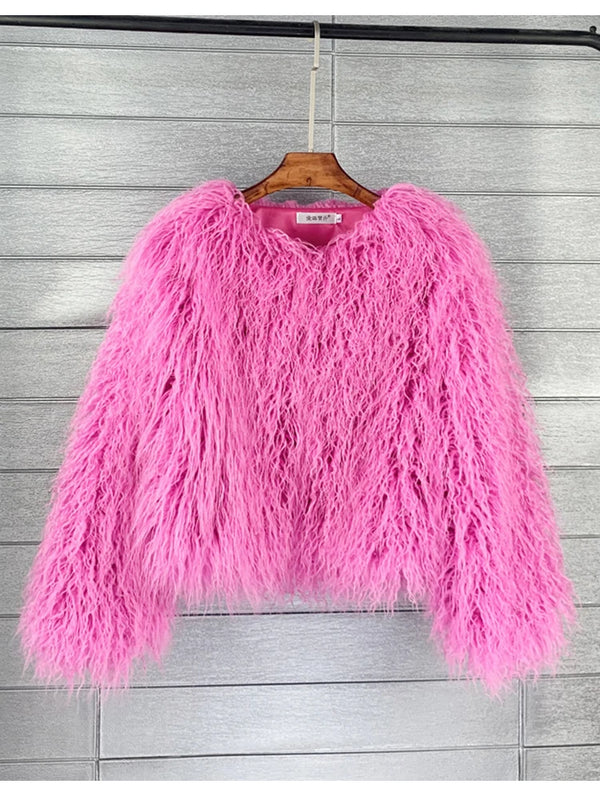 Colorful Boho Furry Faux Fur Coat Women Fur Coats Autumn Winter Pink White Shaggy Faux Fur Jacket Tops Festival Clothing