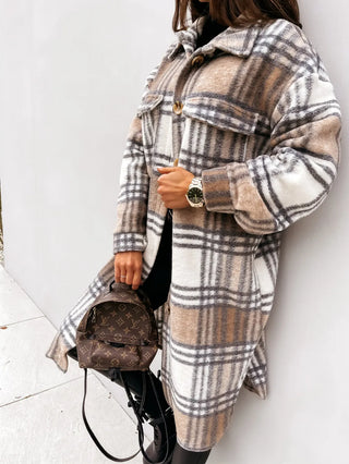 Buy khaki Winter Checked Jackets Coats Women Fashion Casual Oversized Turn Down Collar Long Outwear Thick Warm Woolen Blends Overcoats