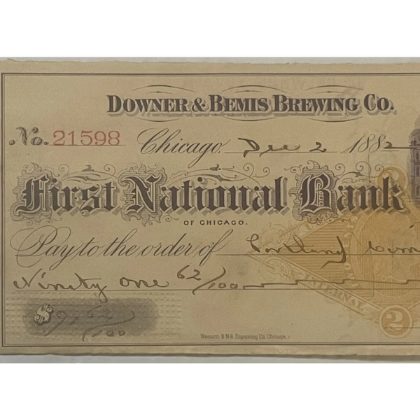 Antique 1880s Downer and Bemis Brewing Co. Check, Chicago, IL, Rare Breweriana!