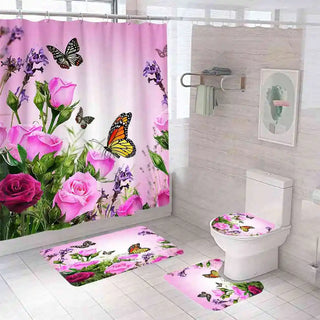 Buy b3 4 Pcs Shower Curtain Sets With 12 Hooks Flowers Floral With Non-Slip Rugs Toilet Lid Cover and Bath Mat Bathroom Decor Set