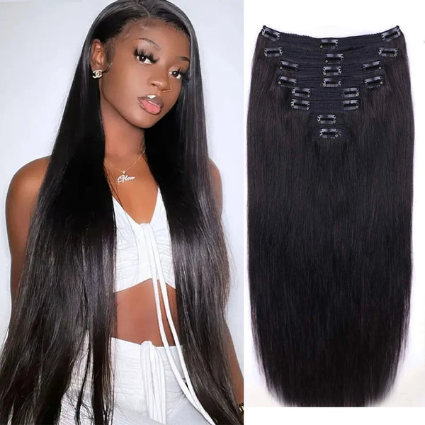 Clip in Hair Extensions Human Hair Brazilian Virgin Hair Natural Straight Seamless Clip on Hair Extensions Invisible Clip Ins 1B