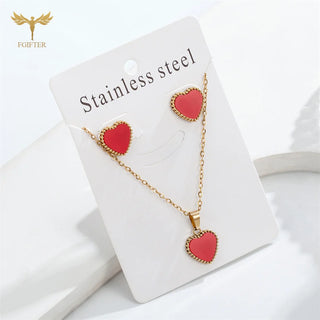 Beautiful Red Heart Jewelry for Women Golden Stainless Steel Stud Earrings Necklace Set 40cm Chain Oil Drip Pendant Charms Gifts