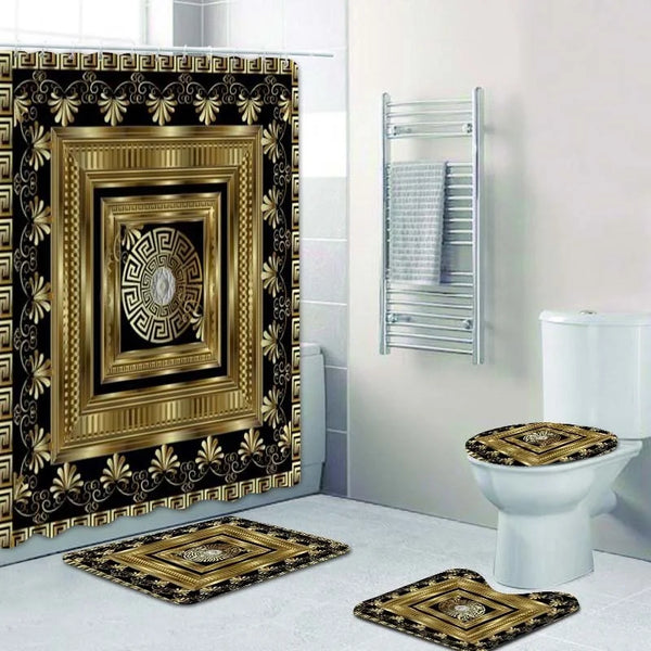 3D Luxury Black Gold Greek Key Meander Baroque Bathroom Curtains Shower Curtain Set for Bathroom Modern Geometric Bath Rug Decor