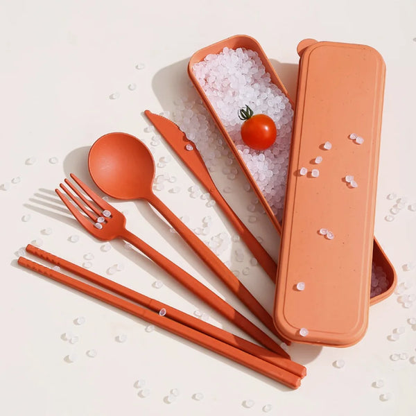 4Pcs Wheat Straw Dinnerware Set Portable Tableware Knife Fork Spoon Eco-Friendly Travel Cutlery Set Utensil Box Chopsticks Set