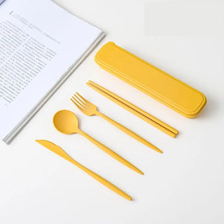 Buy yellow 4Pcs Wheat Straw Dinnerware Set Portable Tableware Knife Fork Spoon Eco-Friendly Travel Cutlery Set Utensil Box Chopsticks Set