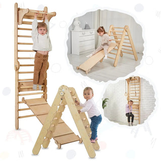 4in1 Climbing Set: Wooden Swedish Wall + Swing Set + Slide Board + Triangle Ladder