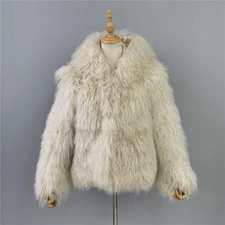 Buy light-beige Jxwatcher Winter Coat for Women Real Mongolian Sheep Fur Coats With Hood Fashion Thick Warm Jacket Ladies Fall Natural Fur Coat