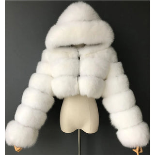 Buy white High Quality Furry Cropped Faux Fur Coats and Jackets Women Fluffy Top Coat With Hooded Winter Fur Jacket Manteau Femme