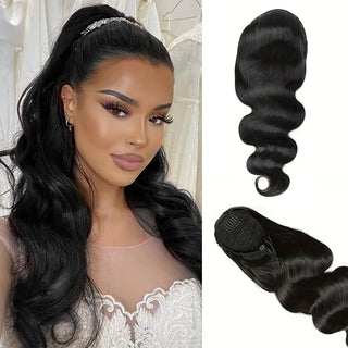 Body Wave Ponytail Human Hair Drawstring Ponytail Remy 100% Human Hair Extensions Chip-In Hair Ponytail Extensions Natural Black