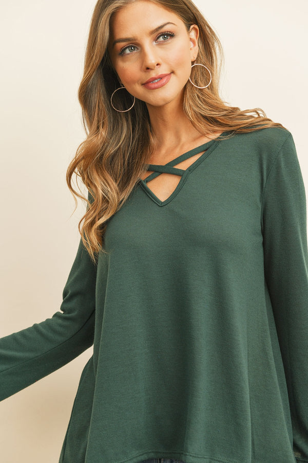 Criss Cross Neck Long Sleeve Hacci Top