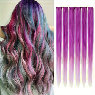 Buy b4-6pcs Clip in Hair Extensions 6pcs/Pack Colored Party Highlights 22 Inches Multi-Colors Straight Hair Synthetic Hairpieces Purple Pink