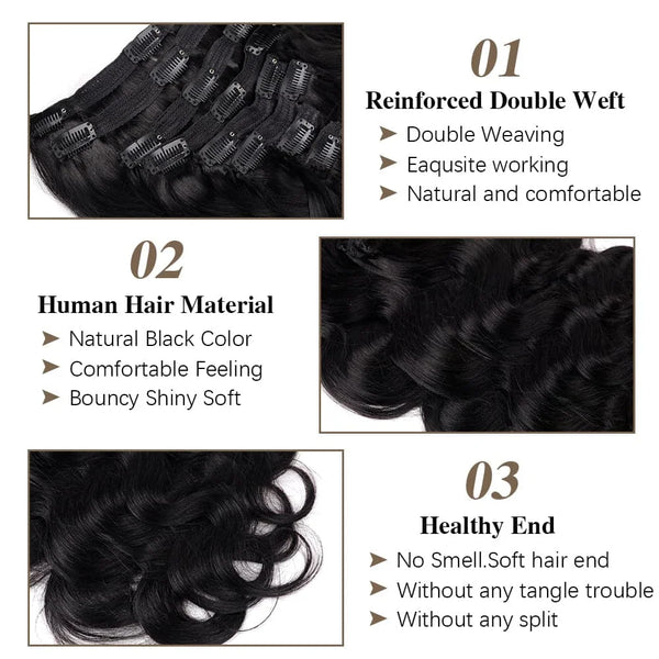 Body Wave Clip in Hair Extensions Real Human Hair Natural Black Color Body Wave Clip in Hair Extension for Women 100% Human Hair