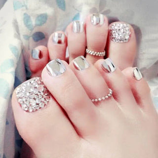 Buy style13 24pcs Blue Color Japanese Summer Wearable Foot Fake Nail Short Length Paillette Faux Rhinestone Decor Finished Press on Toenails