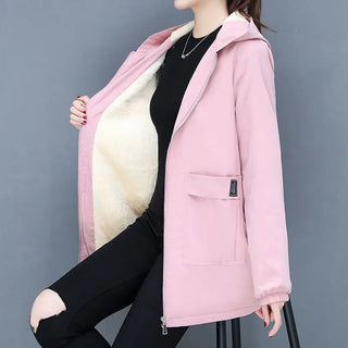 Buy pink 4XL Women Windbreaker Winter Autumn Women&#39;s Fleece Jacket Coats Loose Hooded Mid Long Overcoat Zipper Pocket Female Basic Coat