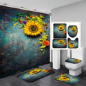 4 Pcs Shower Curtain Sets With 12 Hooks Flowers Floral With Non-Slip Rugs Toilet Lid Cover and Bath Mat Bathroom Decor Set