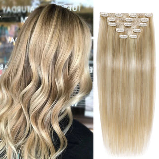 BHF Clip in Human Hair Extensions Remy Natural Hair Clip in Extensions Highlighted Golden Blonde Straight Human Hair Extensions