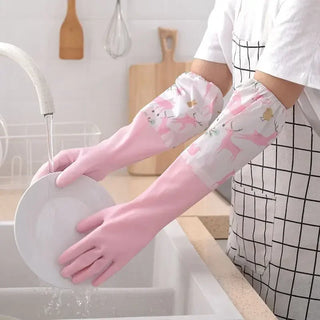 Dishwashing Gloves Warm  Rubber Waterproof Kitchen Washing Dishes Housework Gloves Women's Waterproof Cleaning Gloves