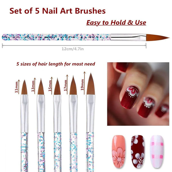 5 Pcs Crystal Handle Acrylic Powder Nail Brushes UV Gel Drawing Painting Brushes Carving/Extension Pen Professional  Nail Tools