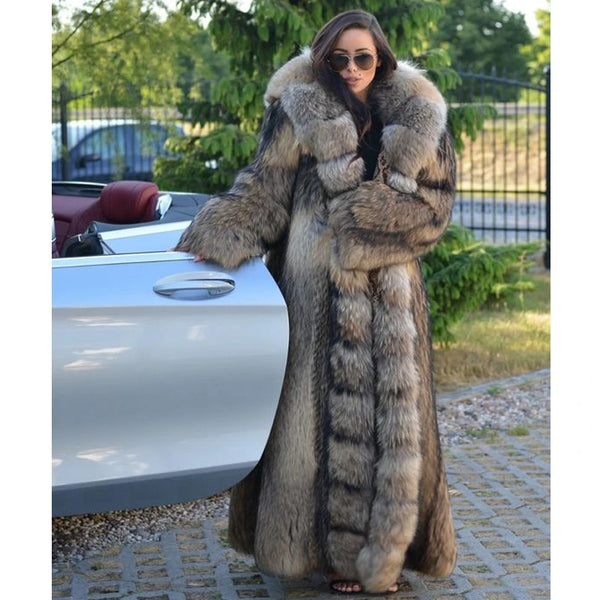 BFFUR Luxury 130cm Long Natural Women Fur Coats Real Winter Fashion Full Pelt Genuine Raccoon Fur Coat With Hood Overcoat Woman