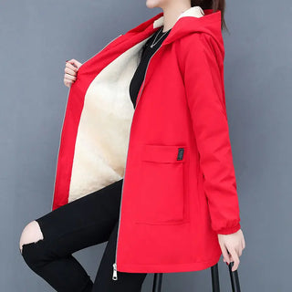 Buy red 4XL Women Windbreaker Winter Autumn Women&#39;s Fleece Jacket Coats Loose Hooded Mid Long Overcoat Zipper Pocket Female Basic Coat