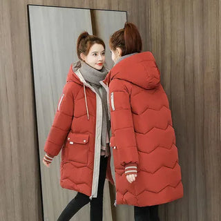 Buy red 2024 Winter Women Jacket Coats Long Parkas Female Down Cotton Hooded Overcoat Thick Warm Jackets Windproof Casual Student Coat