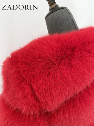 Buy red ZADORIN New Luxury Vintage Faux Fur Coat Women Winter Warm Fur Coats Streetwear Female Fluffy Faux Fur Jacket Bontjas Dames