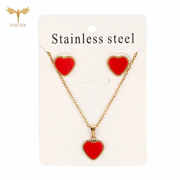 Beautiful Red Heart Jewelry for Women Golden Stainless Steel Stud Earrings Necklace Set 40cm Chain Oil Drip Pendant Charms Gifts