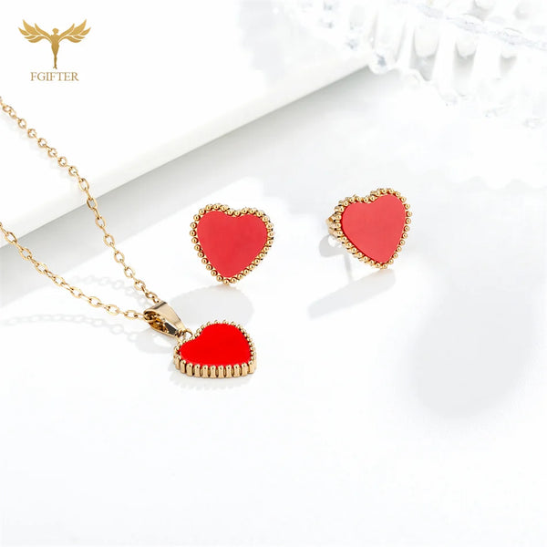 Beautiful Red Heart Jewelry for Women Golden Stainless Steel Stud Earrings Necklace Set 40cm Chain Oil Drip Pendant Charms Gifts