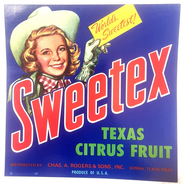 Antique Vintage 1950s Sweetex Crate Label, Donna, TX, 🌎❤️ Sweetest Cowgirl!