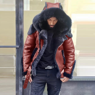 Buy red 2021 Men&#39;s  Winter Men  Shearling Skin Leather Coat Warm Fur RAF Military Leather Coats