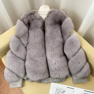 Buy light-gray BFFUR Winter Fashion Real Fox Fur Coats for Women Locomotive Style Genuine Sheep Leather Jacket Natural Fox Fur Coat Female 2022