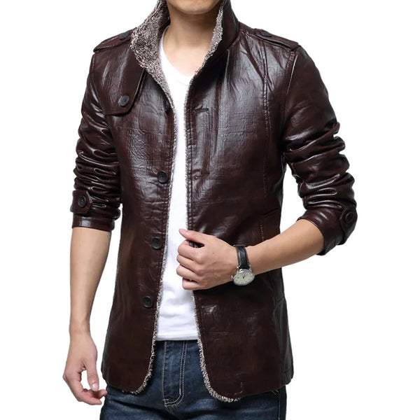 2023 Winter Warm Faux Leather Jacket Men Solid Long Sleeve PU Leather Coat Stand Collar Thick Slim Fit Men Jacket Trench Coats