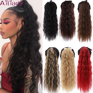 AILIADE Synthetic 22inch Long Bouncy Curly Hair  Ponytail Extensions Hairpiece Drawstring Heat Resistant Brown Hair Extension