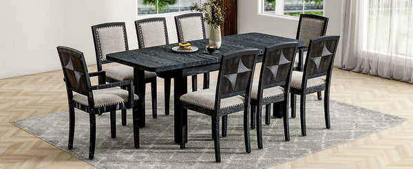 Rustic Extendable 84inch Dining Table Set With 24inch Removable Leaf , 6 Upholstered Armless Dining Chairs and 2 Padded