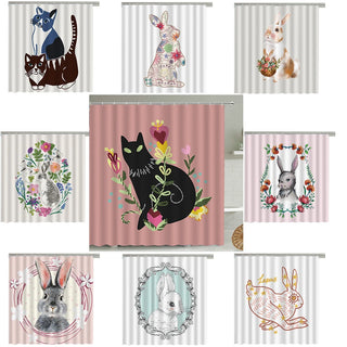 Cat Rabbit Animal Print Floral Home Decor Shower Curtain Waterproof Polyester   Cortina De La Ducha