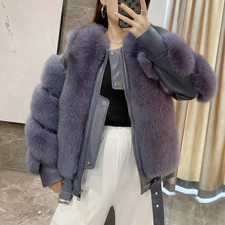 Buy dark-blue BFFUR Winter Fashion Real Fox Fur Coats for Women Locomotive Style Genuine Sheep Leather Jacket Natural Fox Fur Coat Female 2022