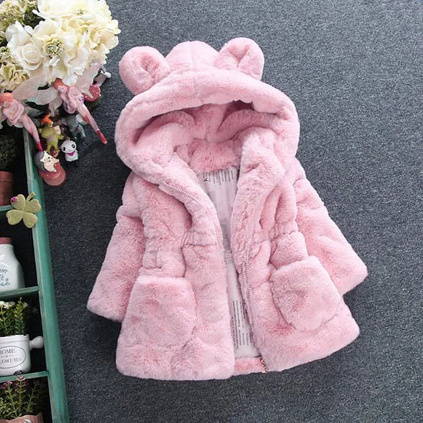 Bear Leader Girls Warm Coats 2023 New Winter Thick Faux Fur Jackets Cartoon Ear Fluffy Outerwear Long Sleeve Cute Coats 2 7Y