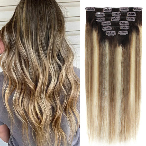 BHF Clip in Human Hair Extensions Remy Natural Hair Clip in Extensions Highlighted Golden Blonde Straight Human Hair Extensions