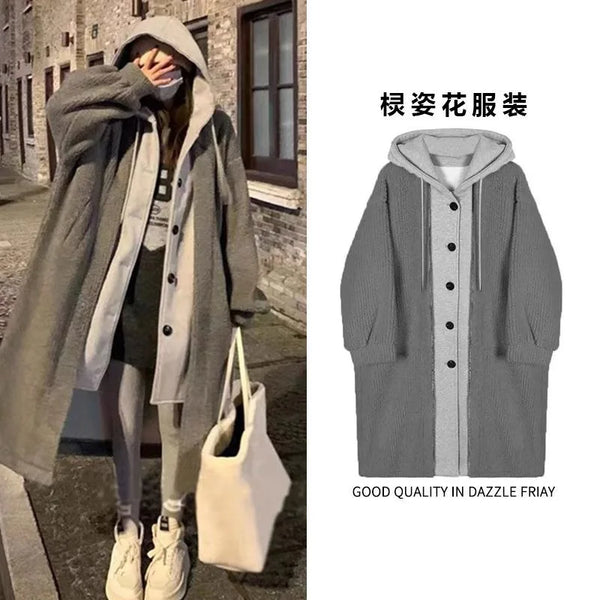 Autumn and Winter Korean Version the New Fake Two Long Cardigan Coat Female Y2K Fashion Lamb Hair Lazy Wind Hooded Woolen Coats