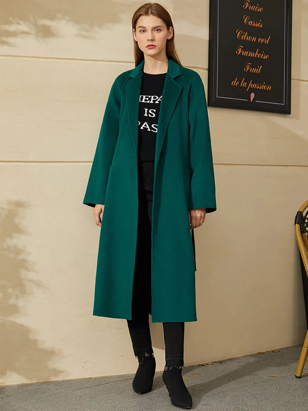 Amii Minimalism Fashion Winter Coat Women Causal Water Ripple Double-Sided Woolen Coat  Solid Lapel Belt Coat Female 12030523