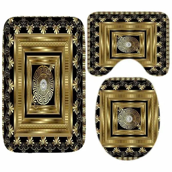 3D Luxury Black Gold Greek Key Meander Baroque Bathroom Curtains Shower Curtain Set for Bathroom Modern Geometric Bath Rug Decor