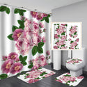 4 Pcs Shower Curtain Sets With 12 Hooks Flowers Floral With Non-Slip Rugs Toilet Lid Cover and Bath Mat Bathroom Decor Set