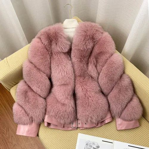 BFFUR Winter Fashion Real Fox Fur Coats for Women Locomotive Style Genuine Sheep Leather Jacket Natural Fox Fur Coat Female 2022