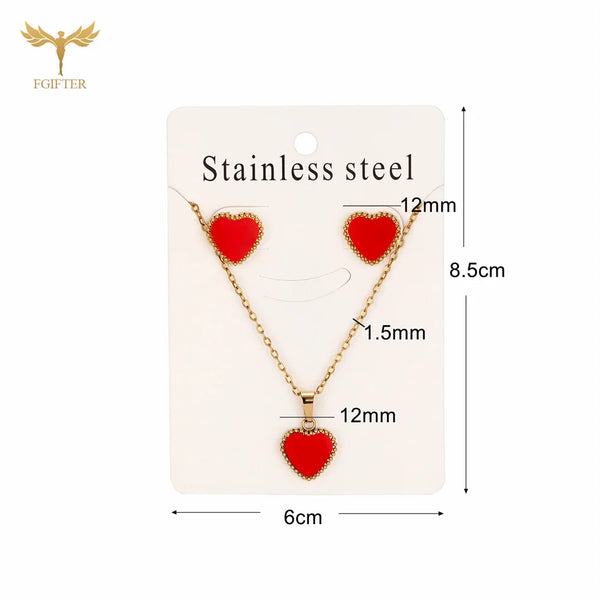 Beautiful Red Heart Jewelry for Women Golden Stainless Steel Stud Earrings Necklace Set 40cm Chain Oil Drip Pendant Charms Gifts