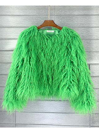 Buy green Colorful Boho Furry Faux Fur Coat Women Fur Coats Autumn Winter Pink White Shaggy Faux Fur Jacket Tops Festival Clothing