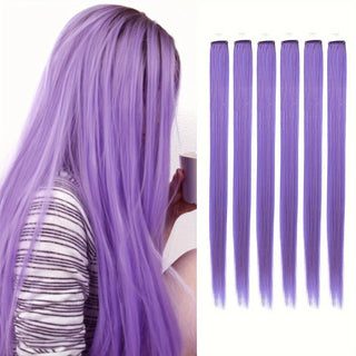 Buy a15-6pcs Clip in Hair Extensions 6pcs/Pack Colored Party Highlights 22 Inches Multi-Colors Straight Hair Synthetic Hairpieces Purple Pink