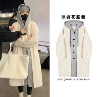 Autumn and Winter Korean Version the New Fake Two Long Cardigan Coat Female Y2K Fashion Lamb Hair Lazy Wind Hooded Woolen Coats