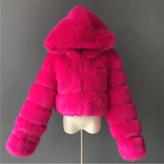 Buy rose High Quality Furry Cropped Faux Fur Coats and Jackets Women Fluffy Top Coat With Hooded Winter Fur Jacket Manteau Femme