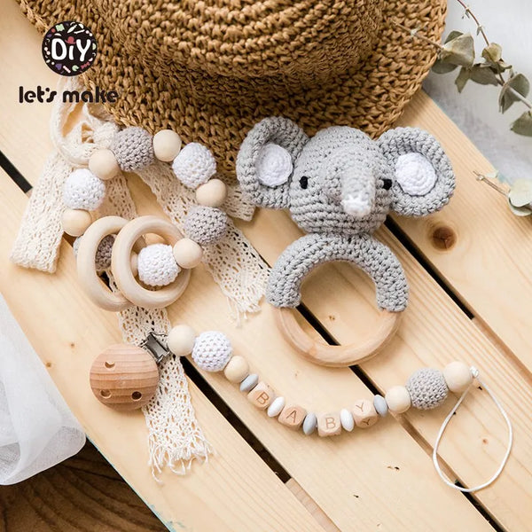 Let's Make Baby Rattles Set Crochet Animal Elk Amigurumi Elephant Baby Teether Wooden Pacifier ChainBPA Free Nursing Rattle Toys